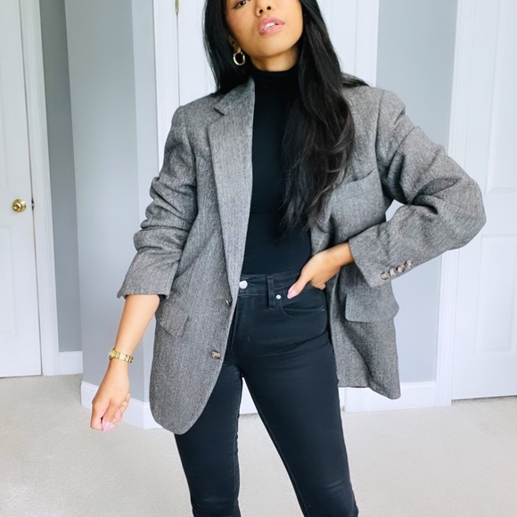 Vintage | Brown Grey 100% Wool Oversized Single Breasted Blazer - Picture 5 of 9